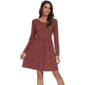 Missufe Long Sleeve Casual Swing Dress, Burgundy